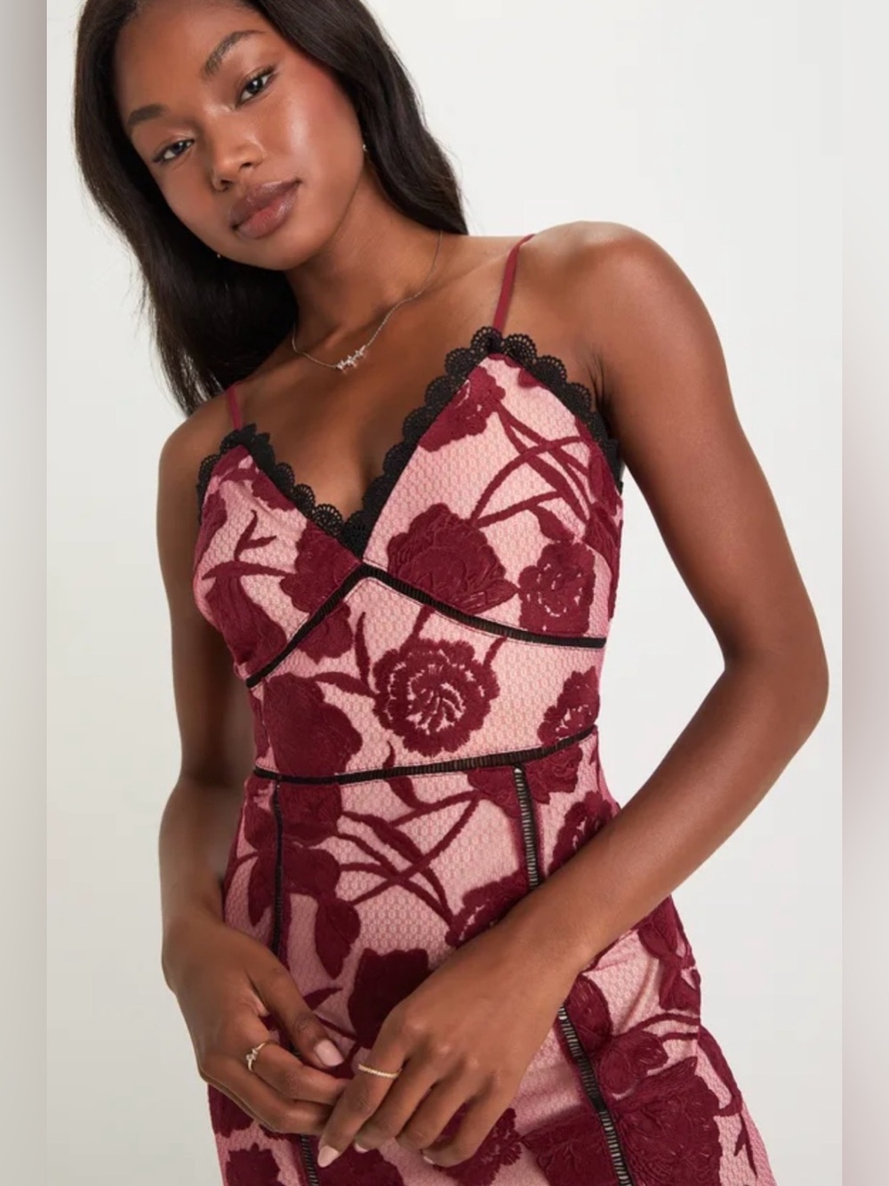 XS Lulu's Alluring Dream Burgundy Floral Mesh Lace Trumpet Midi Dress - Picture 3 of 6
